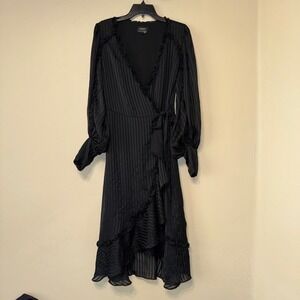 Bardot Black Striped Ruffle Trim Wrap Dress Long Sleeve Womens Size US6/S READ